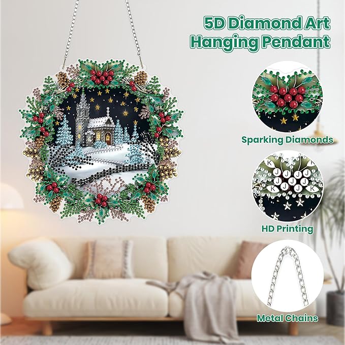 MOGTAA Christmas Diamond Art Hanging Kits for Adults Kids, Christmas Winter Diamond Art Suncatchers, 5D Special Shape Diamond Landscape Painting Window Pendant Kit for Home Garden Wall Decor