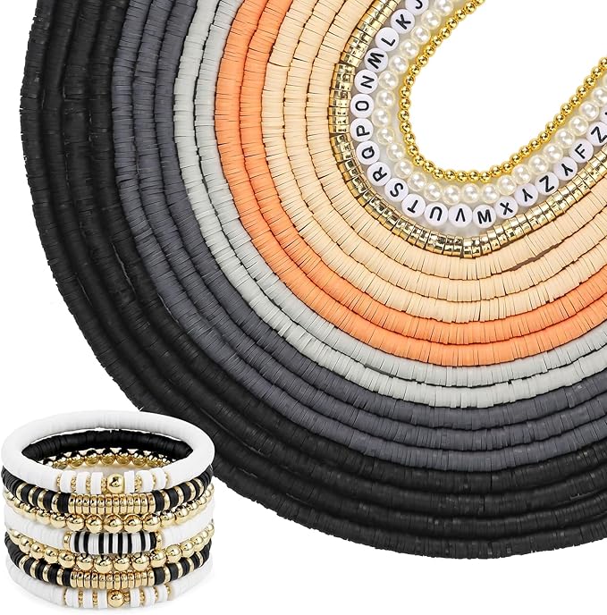 JMUQ 14 Strands Black Clay Beads Bracelet Making Kit, 5500 Flat Polymer Clay Heishi Beads for Friendship Bracelets Jewelry Making Kit with Letter Pearl Gold Spacer Beads for Women