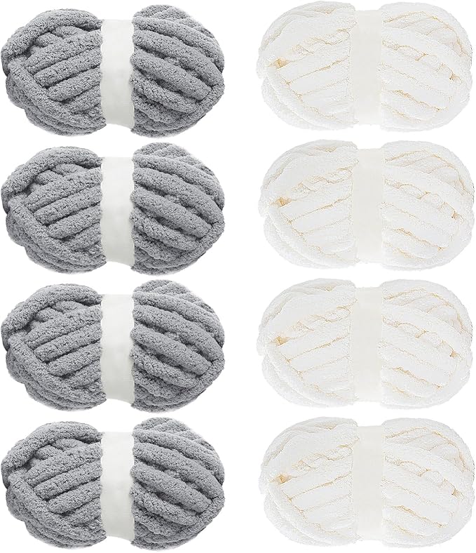 MABOZOO Assorted Chunky Yarn for Crocheting, Hand/Arm Knitting,8 Pack Fluffy Jumbo Chenille, Soft Plush Bulky Yarn,Giant Thick Fuzzy,4 White & 4 Grey, 31.7 Yds/8 Oz Each