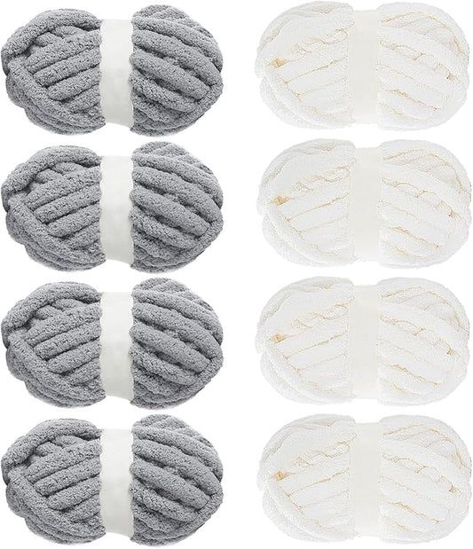MABOZOO Assorted Chunky Yarn for Crocheting, Hand/Arm Knitting,8 Pack Fluffy Jumbo Chenille, Soft Plush Bulky Yarn,Giant Thick Fuzzy,4 White & 4 Grey, 31.7 Yds/8 Oz Each
