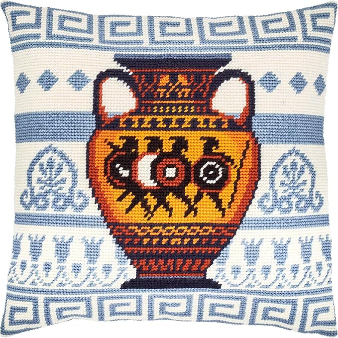 Brvsk Hellenic Stamped Cross-Stitch Kit for Adults and Beginners — Troy 16″ × 16″ with Clear, Precise Printed Design on Cotton Canvas; Includes 2 Needles, Yarn, and Easy-Read Chart