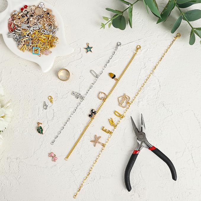 LuneClat Gold Sliver Chain Charm Bracelet Making Kit - Including 6 Chains with 142Pcs Pendants, Bulk Set with 400Pcs Jump Rings 50Pcs Lobster Clasps Pliers for DIY Crafts Lovers