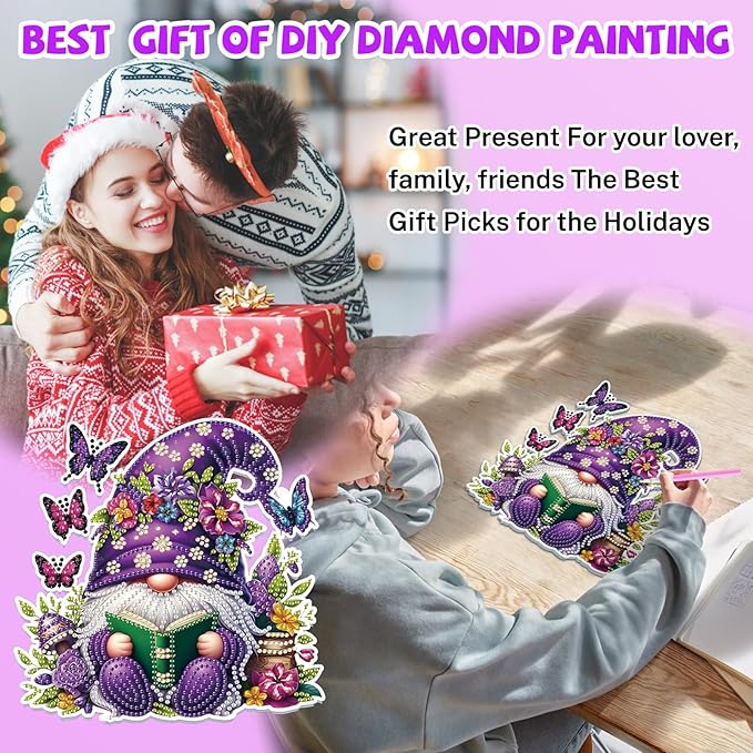 Bowetile Gnome Diamond Art Hanging Kits for Adults, 5D Special Shape Diamond Painting Flowers Pendant Kits, Gem Art Suncatchers Painting Window Ornament for Home Garden Wall Decor