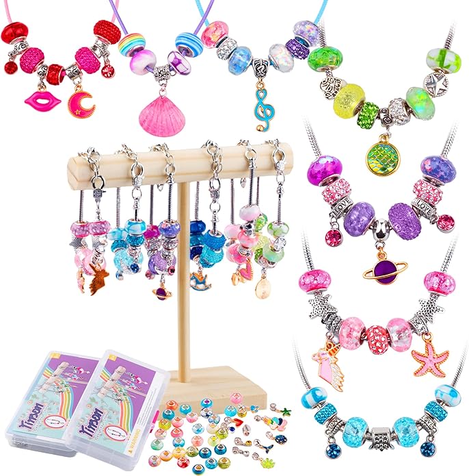 Beads Jewelry Making Kit – Charm Bracelet & Necklace DIY Set with Pearl, Shell & Pony Beads, Creative Arts and Crafts Gift for Birthday