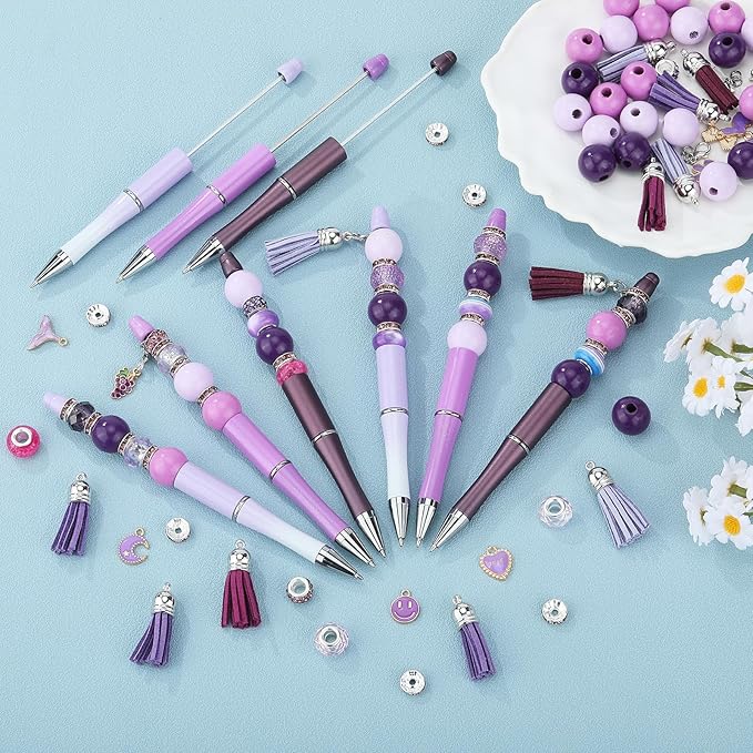 12pcs DIY Beadable Pens Bulk Pens for Beads Beaded Pen Kit for Students Teacher Office Supplies DIY Making Gifts(Purple)