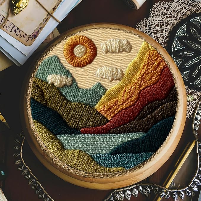FONNUY Embroidery Kit for Beginners, Textured Vibrant Nature Landscape Pre-Stamped Pattern Kits for Adults with Hoop, Easy to Follow Color Thread Needlework, 8'' Hoop (Green 1)