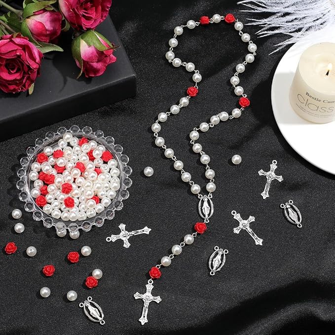 SUNNYCLUE 480Pcs Rosary Making Kit Crucifix Rosary Charms Crucifix Pendants Easter Cross Link Charms Red Rose Flower Bead Imitation Pearl Beads for Jewelry Making Supplies DIY Necklace Bracelet