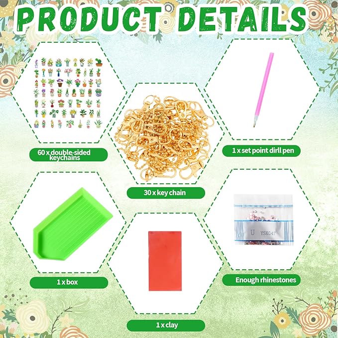 Huquary 60 Pcs Diamond Art Keychains Potted Plants Diamond Painting Keychain Kits for Adults Double Sided 5d Rhinestones Spring Hanging Key Chains Ornaments for Beginners DIY Crafts Party