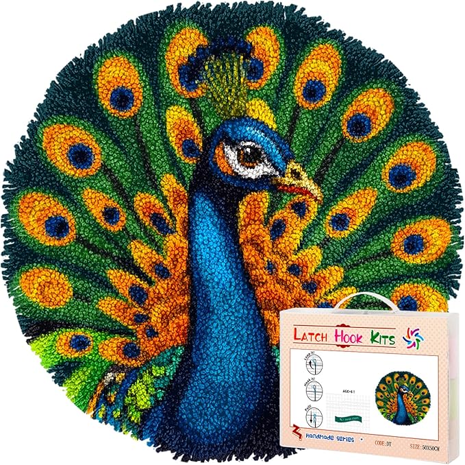 Latch Hook Rug Kit Peacock Stamped Handmade Round Shape Carpet Crochet Yarn Craft DIY Hook and Latch Door Mat Tapestry for Christmas Home Floor Decor 50x50cm(4)