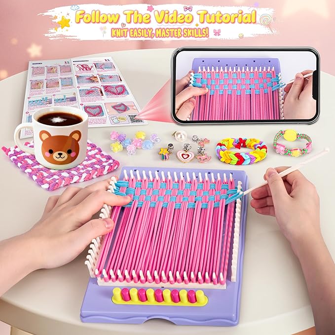 nicella multi-functional 400+ pcs friendship bracelet making kit for girls,weaving loom kit toys, craft kits for kids,age 6-12 year old girls gifts ideas, bracelet & coaster & bag weaving making kit