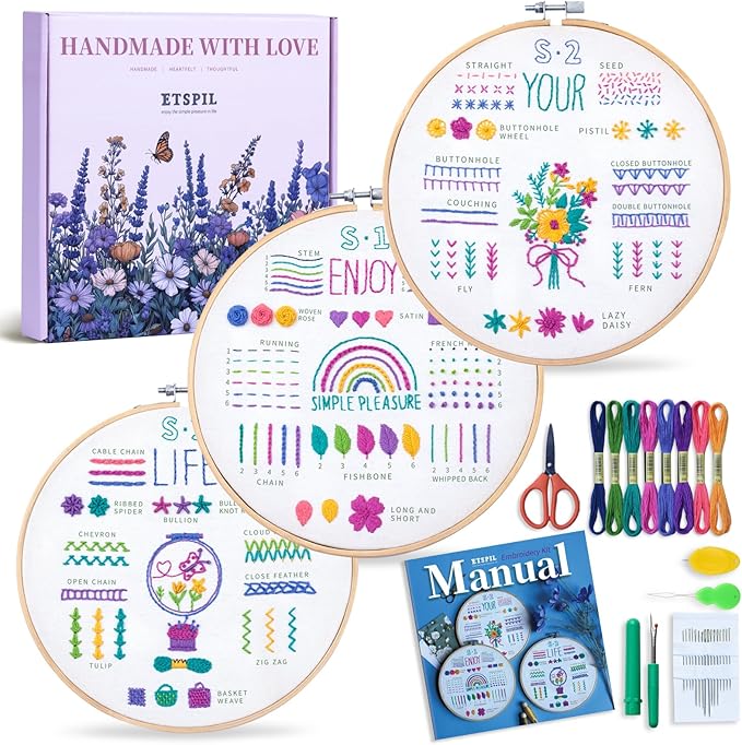 ETSPIL 3 Pack Embroidery Kit for Beginners and Adults,Learn 33 Stitches with DIY Stamped Flower Patterns – Includes Hoop, Color Threads, Tools, and Step-by-Step Instructions with Video Tutorials