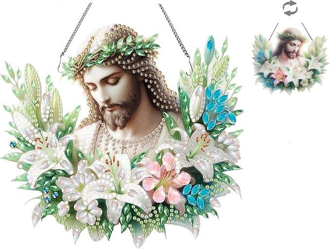Apomelo Diamond Art Kit for Adult Jesus Religious Double-Sided Pattern Design Special Gem Diamond Art Hanging Pendant Kit Ornament for Wall Window Decor, Wreath Jesus