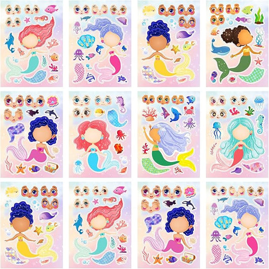 24 sheets 8.27''×5.9'' make your own mermaid stickers for kids toddlers, make a face stickers for kids party favors activities