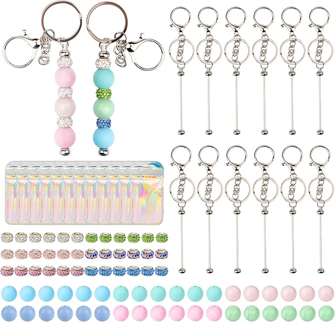 Qoroos 96pcs Beadable Keychains Set Bulk for Keychain Making Kit with Beadable Keychain Bar Silicone Beads Spacer Beads DIY Gifts for Women Men Crafts