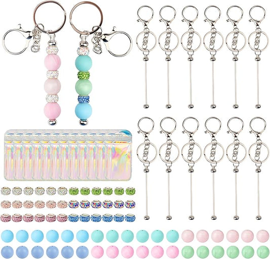 Qoroos 96pcs Beadable Keychains Set Bulk for Keychain Making Kit with Beadable Keychain Bar Silicone Beads Spacer Beads DIY Gifts for Women Men Crafts