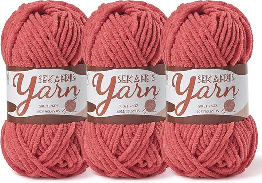 3 Pack Fluffy Velvet Yarn for Crocheting，Baby Blanket Yarn for Crocheting Soft，150g(196.8yds) Amigurumi Yarns，Plush Chenille Crochet Yarns，Puzzle Yarn for Crochet Weaving Craft(3 Watermelon Red)
