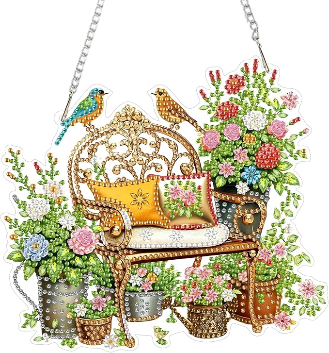 CEOVR Garden Birds Hanging Diamond Art for Adults, Spring Birds Flower Diamond Painting Pendant DIY Gem Art Wall Hanging Ornament, Acrylic Home Decor with Chain, Box Kit 7.75×7inch