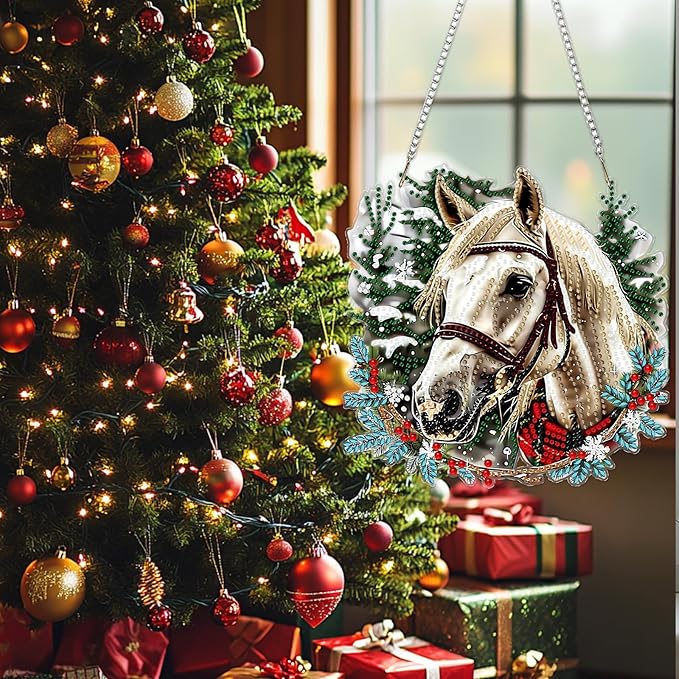 SENQAO Christmas Diamond Art Hanging Kits for Adults, Horse Diamond Art Suncatchers, 5D Special Shape Diamond Painting Pendant Window Ornament Gifts for Home Door Wall Decor