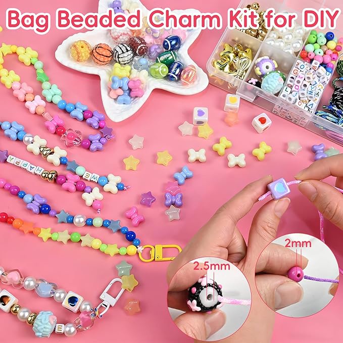 VvLons Bead Keychain Making Kit, Beaded Bag Charm Kit with Glow in The Dark Stars Beads, Colorful Hearts Flowers Bow Letter Alphabet Pony Beads, Football Keyrings Great for Gift or Party DIY Crafts