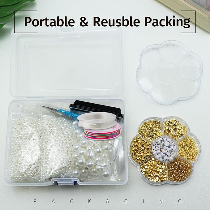 4244Pcs Beading Kit for Beginners,Full Set with 5 Sizes Round Pearl Beads and Gold Spacer Beads and Strings for Jewelry Making,DIY Pearlscent Bracelets/Necklaces/Phone Charm/Key Name Tag/Beaded Strap