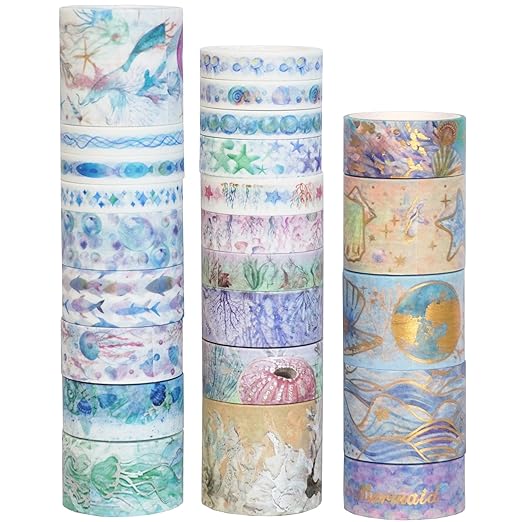 YUBX Marine Life Washi Tape Set 24 Rolls Gold Silver Foil Masking Underwater World Graphic Decorative Tapes for Arts, DIY Crafts, Journals, Planners, Scrapbook, Wrapping