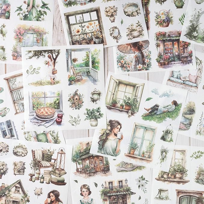 Garden Journal Stickers, 50 Sheets Washi Junk Journaling Sticker Book, Scrapbook Supplies, Watercolor Scrapbooking for Adults, Green Decorative Ephemera Arts Craft