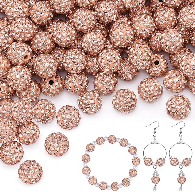 200pcs 10mm Light Peach Rhinestone Beads for Jewelry Making, Shiny Round Shamballa Disco Ball Beads, Sparkle Crystal Clay Christmas for Bracelet Baseball Necklace Earring Crafting and DIY