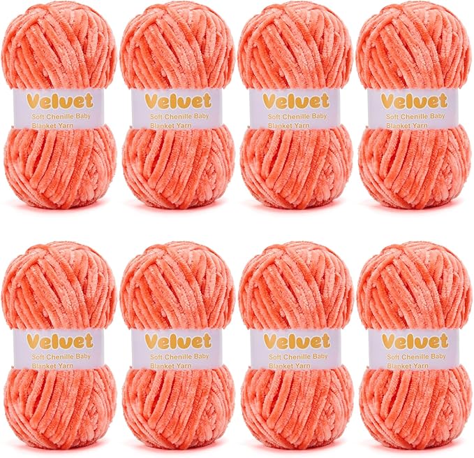 Velvet Yarn Chenille Yarn for Crocheting and Knitting Soft Chenille Bulky Baby Blanket Yarn DIY Weaving Craft 8pack Dark Orange(4oz 66yds Each)
