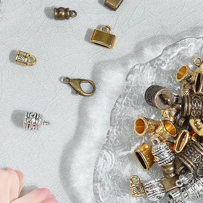 SUNNYCLUE 1 Box 210pcs 45 Sets Cord Ends Caps Kumihimo Bracelet Ends Alloy Antique Gold Silver Bronze Tassel End Tip Caps with Lobster Clasp Ring Link for Jewelry Making Kit Necklaces Bracelet DIY
