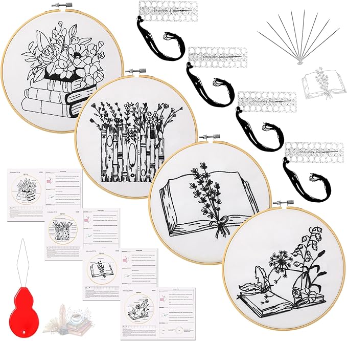 Unittype 4 Set Embroidery Kit for Beginners Adults Book Lovers Funny Cross Stitch Embroidery Kit with Bamboo Hoops Needles Threads Instructions Needle Threader(Stylish)