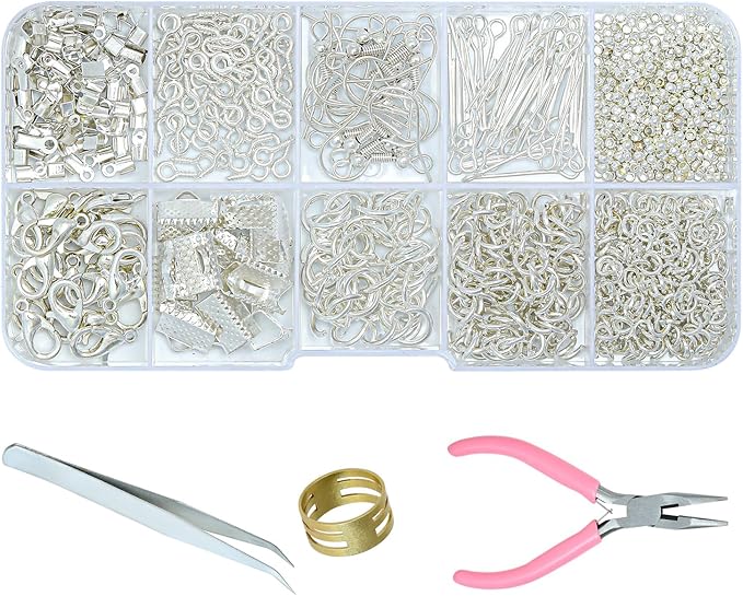 Gacuyi Jewelry Making Supplies Kit, Jewelry Repair Tools Kit with Pliers, Open Jump Rings, Lobster Clasps, Earring Hooks, Eye Pins, Findings and Beading Wires for Adults and Beginners (White Gold)