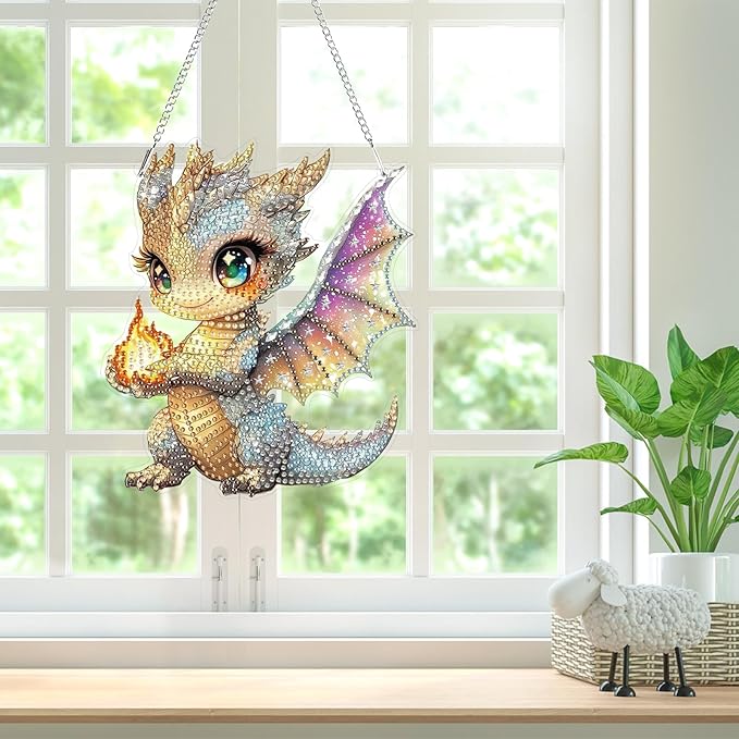 Bowetile Dragon Diamond Art Hanging Kits for Adults, 5D Special Shape Diamond Painting Window Pendant Kits, Gem Art Suncatchers Painting Ornament for Home Garden Wall Decor