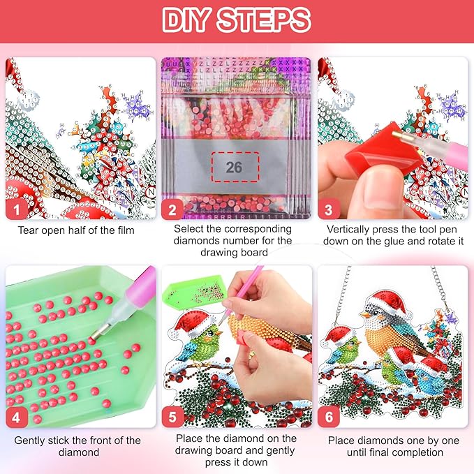 QENSPE Christmas Birds Diamond Art Hanging Kits for Adults with Chain, 5D Special Shape Berries Diamond Paingting Ornaments Kits,Easy DIY Crystal Pendant Gem Art for Home Garden Wall Decor 8X8 inch
