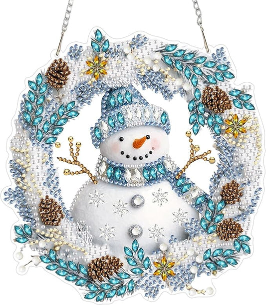 MEIYUDA Snowman Diamond Art Hanging Kits for Adult, Snowman Winter Wreath Diamond Painting Hanging Kits Ornaments, DIY Special Shaped Rhinestone Window Pendants kit for Home Garden Wall Decor