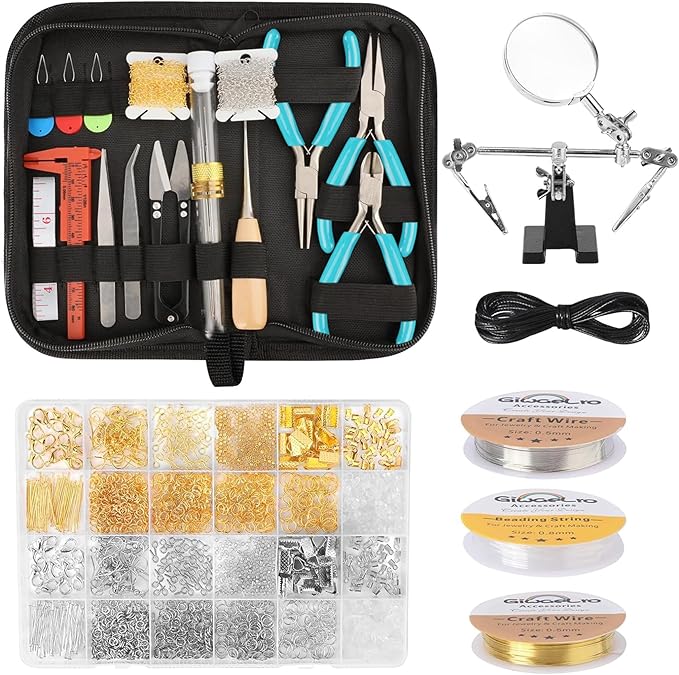 Giwaelro Jewelry Making Kit for Adults, Jewelry Making Supplies with Jewelry Making Tools, Jewelry Pliers, Jewelry Wires, Findings, Necklace Chains, Magnifier and Storage Bag (Blue)