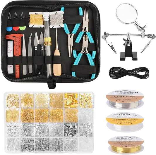 Giwaelro Jewelry Making Kit for Adults, Jewelry Making Supplies with Jewelry Making Tools, Jewelry Pliers, Jewelry Wires, Findings, Necklace Chains, Magnifier and Storage Bag (Blue)