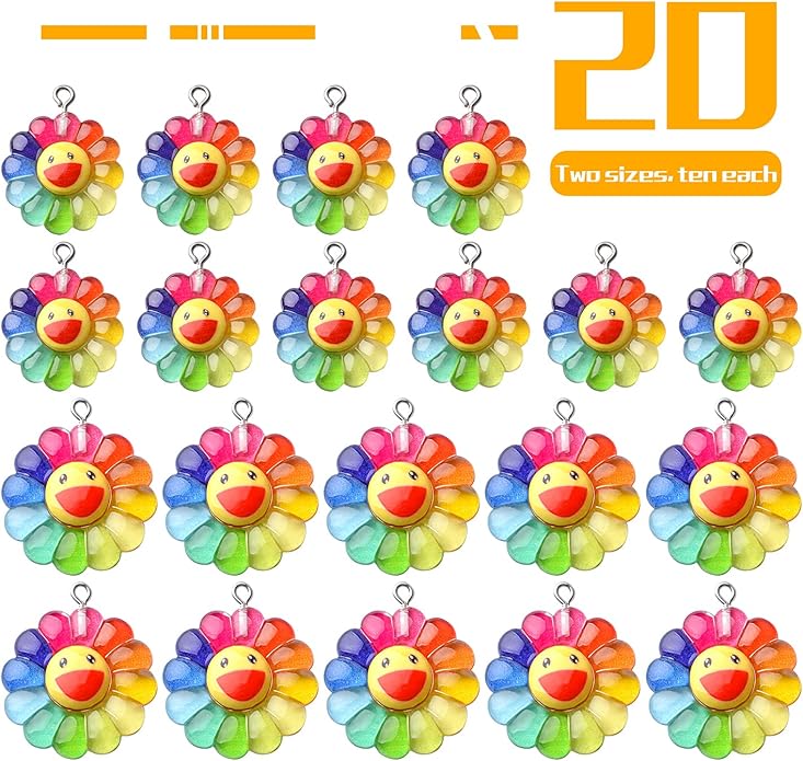 Aylifu Sunflower Charm Pendants,20pcs Resin Rainbow Flower Charms Face Charm Sunflower Cabochons Epoxy Charms for DIY Jewelry Necklace Crafts Making,2 Sizes