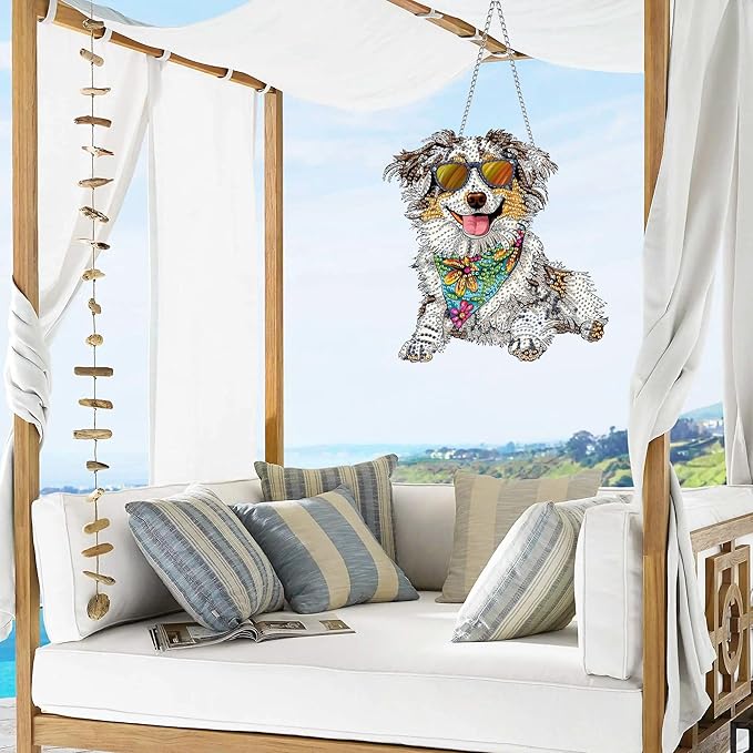VAIIEYO 5D DIY Dog Diamond Art Hanging Ornament, Animal Diamond Painting Suncatchers Window Hanging Kit with Chain, 7.5x7.5 inch Crystal Pendant Art Craft for Gift Home Wall Front Door Decoration