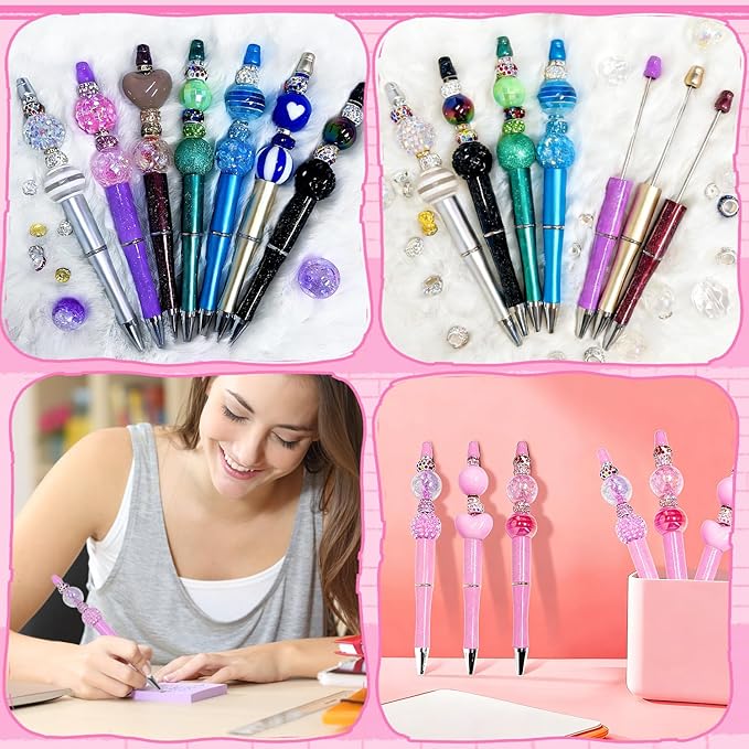 163 Pcs Pen Beads for Beadable Pens: Bubblegum Beads for Pen Making Bulk with Spacer Bead Rhinestone Bead (Pink)