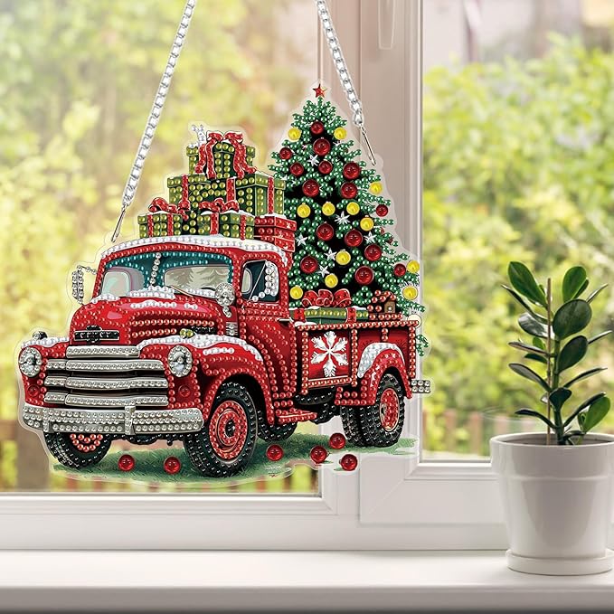 HEIBAGO Red Truck Diamond Art Hanging Kits for Adults Kids, 5D Special Shaped Crystal Diamond Painting Kit, DIY Pattern Window Pendant Gem Art Kit for Home Wall Decor 8.3 x 8.3 Inch