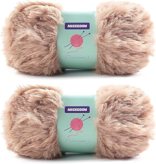 2 Skeins Faux Fur Yarn Soft Fluffy for Crocheting - Chunky Fuzzy Yarn for Crochet Amigurumi, Hat, Shawls, Total Length (71x2) Yards (Khaki)