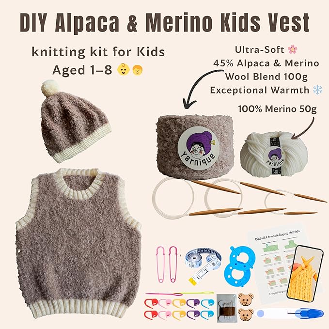 yarnique learn to knit kit for beginners - complete baby knitting kit with italian boucle & merino wool - beginner knitting kit for adults moms - diy baby vest & hat starter set with video tutorials