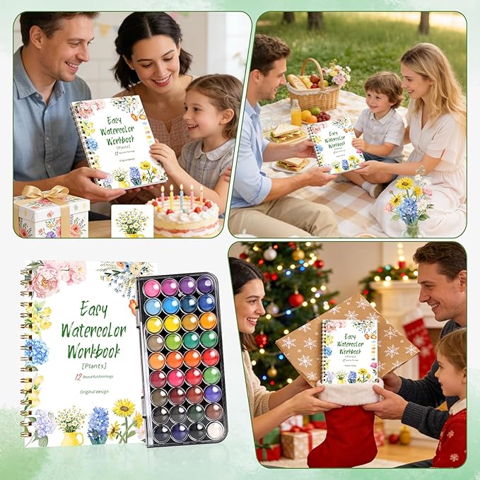 Watercolor Workbook，36 Colors Water Coloring Book Paint Set for Adults,12 Different Patterns of Original DIY Designs, Beginner-Friendly Watercolor Workbooks with Palette and Brush (Flower)