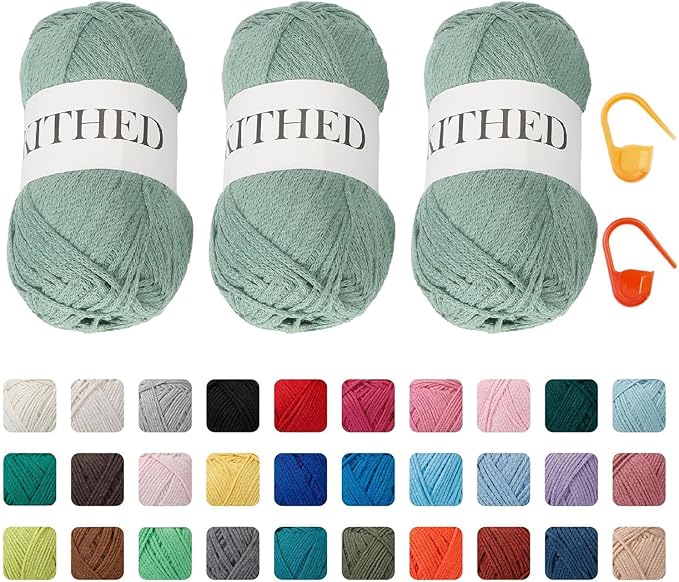 Cotton Chainette Yarn,4 Medium (Worsted)-10oz,3 Pack,Knitting Yarn for Beginners,Thicker for Crocheting and Knitting (11 Matcha Green)