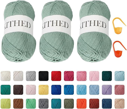Cotton Chainette Yarn,4 Medium (Worsted)-10oz,3 Pack,Knitting Yarn for Beginners,Thicker for Crocheting and Knitting (11 Matcha Green)