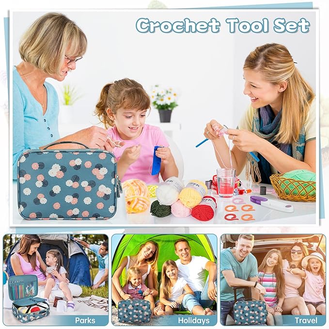 GMAK Crochet Kit for Beginners Adults, 59 PCS Crochet Sets Include Yarn, Crochet Hooks and Tools, Portable Crocheting Starter Kits for Making Variety Projects Craft Supplies, Blue Flower