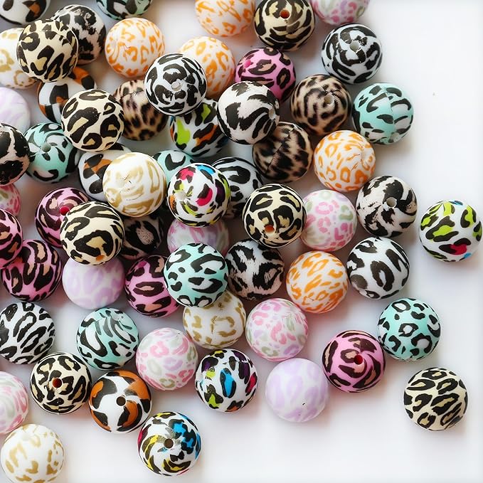 120pcs 15mm Bulk Silicone Beads for Pens, Keychains, Necklaces and Bracelets - Assorted Rubber Beads Set (Print Leopard)