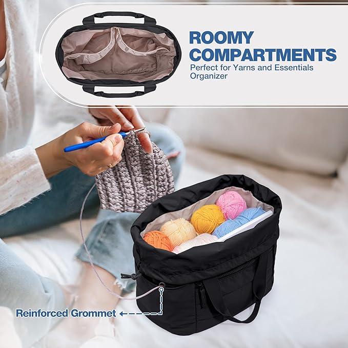Teamoy Small Knitting Bag Tote, Puffer Yarn Storage Bag, Drawstring Crochet Bag Organizer for Yarn Skeins and Crocheting Supplies, Black
