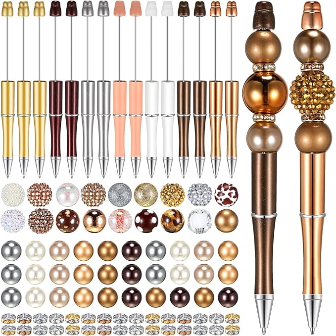 Geyee 15 Pcs Plastic Beadable Pens Assorted Bead Pens Multicolor Bubblegum Crystal Spacer Beads, Black Ink Ballpoint DIY Set, Back to School Gift for Student Summer Ocean Party Gifts(Gold Brown)
