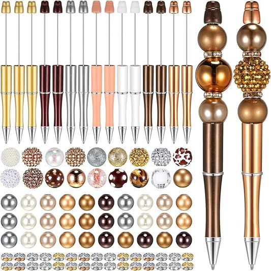 Geyee 15 Pcs Plastic Beadable Pens Assorted Bead Pens Multicolor Bubblegum Crystal Spacer Beads, Black Ink Ballpoint DIY Set, Back to School Gift for Student Summer Ocean Party Gifts(Gold Brown)